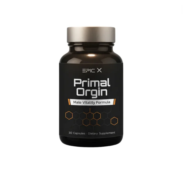 Tmavá dóza Primal Origin EPIC X s třiceti kapslemi, doplněk stravy označený jako Male Vitality Formula
