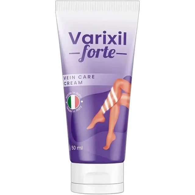Fialovobílá tuba Varixil Forte Vein Care Cream o objemu 50 ml s italskou vlajkou a kresbou nohou